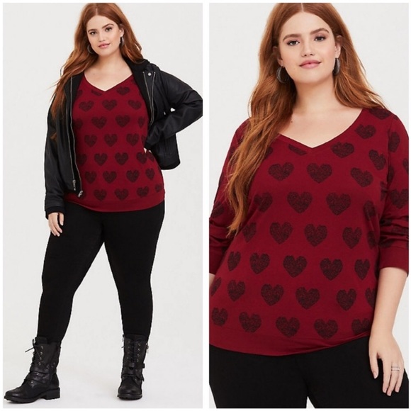 Torrid RED HEART Rose LONG SLEEVE V-NECK TEE 3